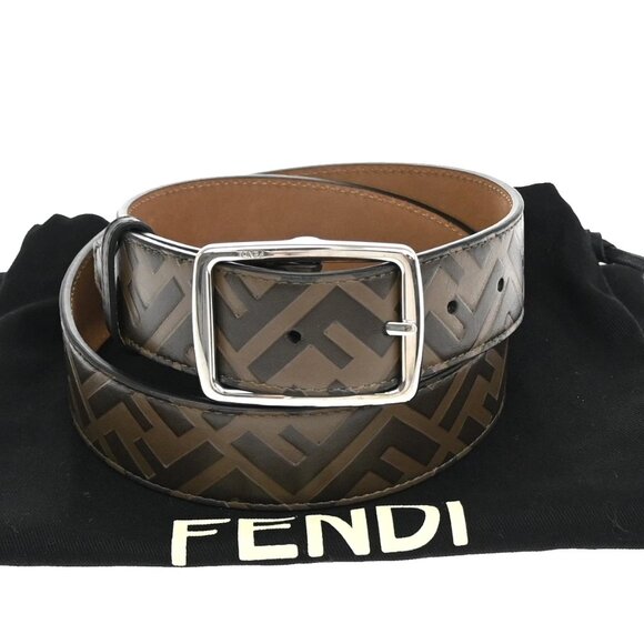 FENDI Logo Zucca Pattern Belt Buckle Leather #80/32 Brown SHW 37KA756 - Picture 1 of 16